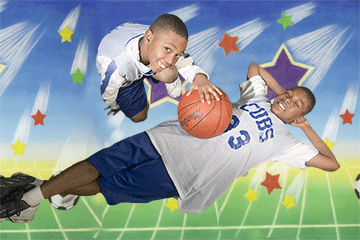 portrait of two boys in basketball outfits